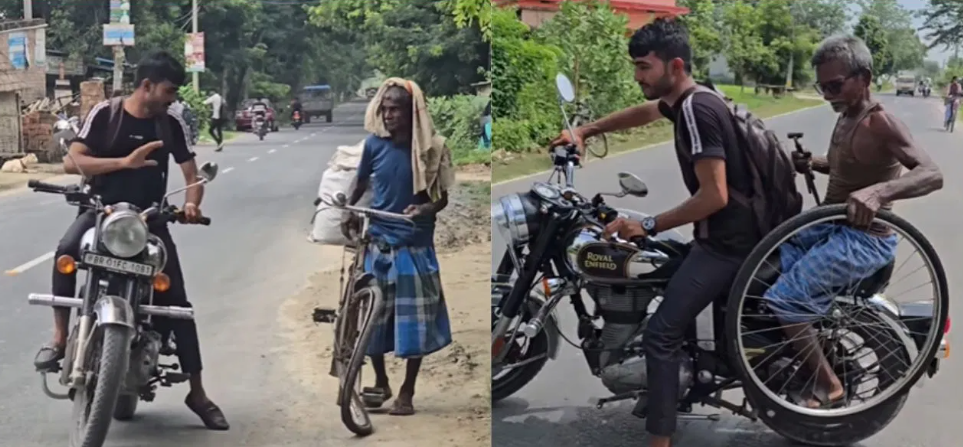 உடைந்த சைக்கிளோடு முதியவர்…. HERO போல் வந்த புல்லட் இளைஞர்…. இப்படியும் மனுசங்க இருகாங்க….