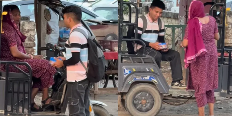 தாய் அன்பிற்கே ஈடேதம்மா…. காலி டிபன் பாக்ஸுடன் தவித்த இளைஞர்….  தன் உணவை கொடுத்த பெண்…. வைரல் வீடியோ….!!