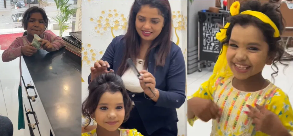 பார்லர் வந்த குப்பை எடுக்கும் சிறுமி…. ஹேர் ஸ்டைல், மேக்கப்…. தேவதையாக மாற்றிய அழகு நிபுணர்….!!