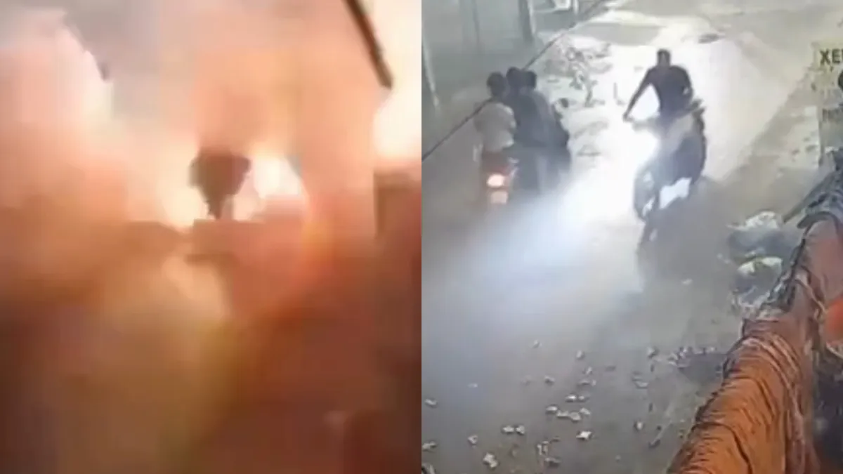 விதிமுறையை மீறினால் இதுதான் நடக்கும்…. பைக்கில் பட்டாசு ஏற்றிச் சென்ற இளைஞர்கள்…. கண்ணிமைக்கும் நேரத்தில் வெடித்துச் சிதறிய பைக்…. தீபாவளி இரவில் நடந்த சோகம்….!!