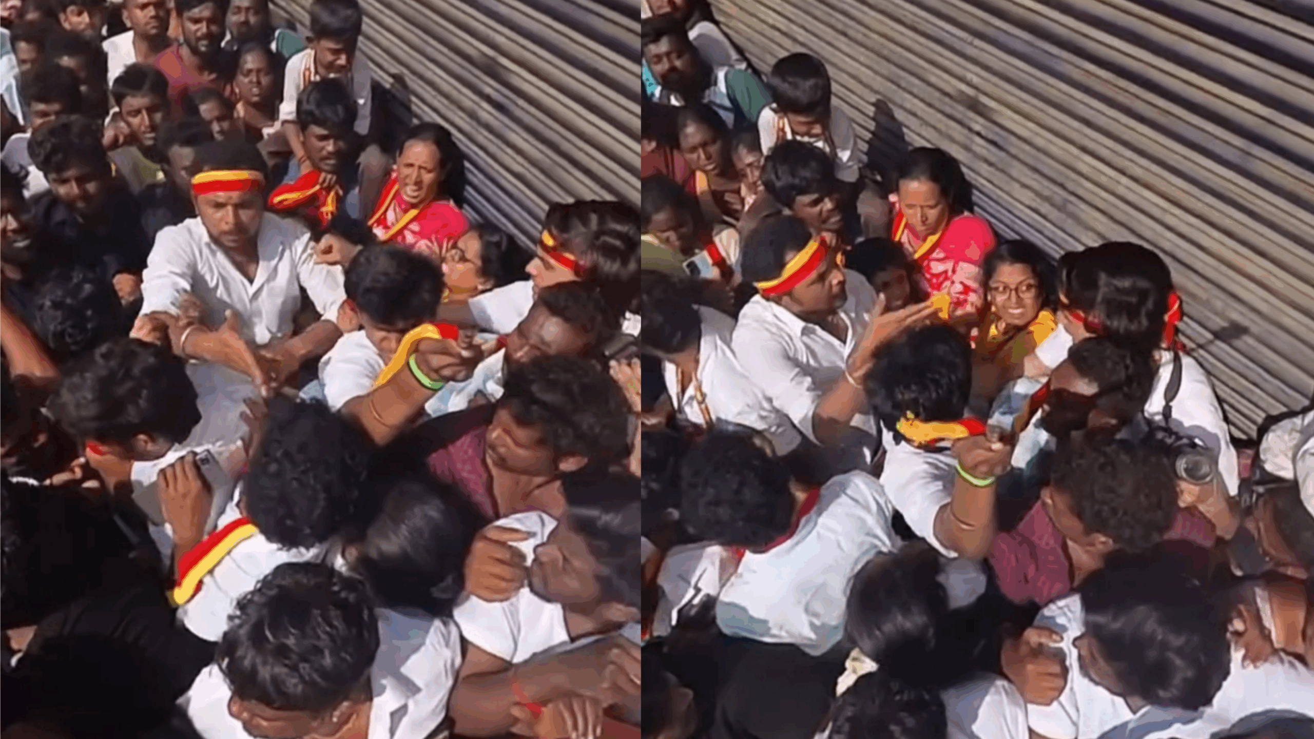 பெண்கள் குழந்தைங்க இருக்காங்க…. சொல்ல சொல்ல கேட்காம நெரித்த தொண்டர்கள்… முதுகில் பஞ்ச் கொடுத்து சண்டைக்கேறிய TVK தொண்டன்… வைரலாகும் வீடியோ…!!