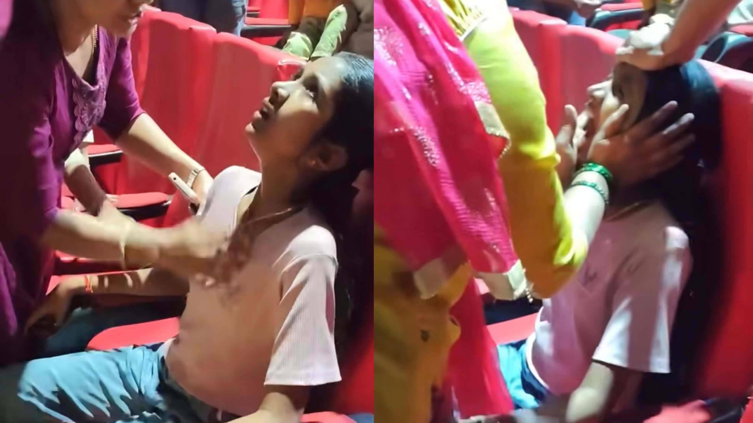 காந்தார படம் முடிந்த அடுத்த கணம்…. கூச்சலிட்ட பெண்… கட்டுப்படுத்த முடியாமல் தவிக்கும் தாய்… வைரலாகும் வீடியோ…!!