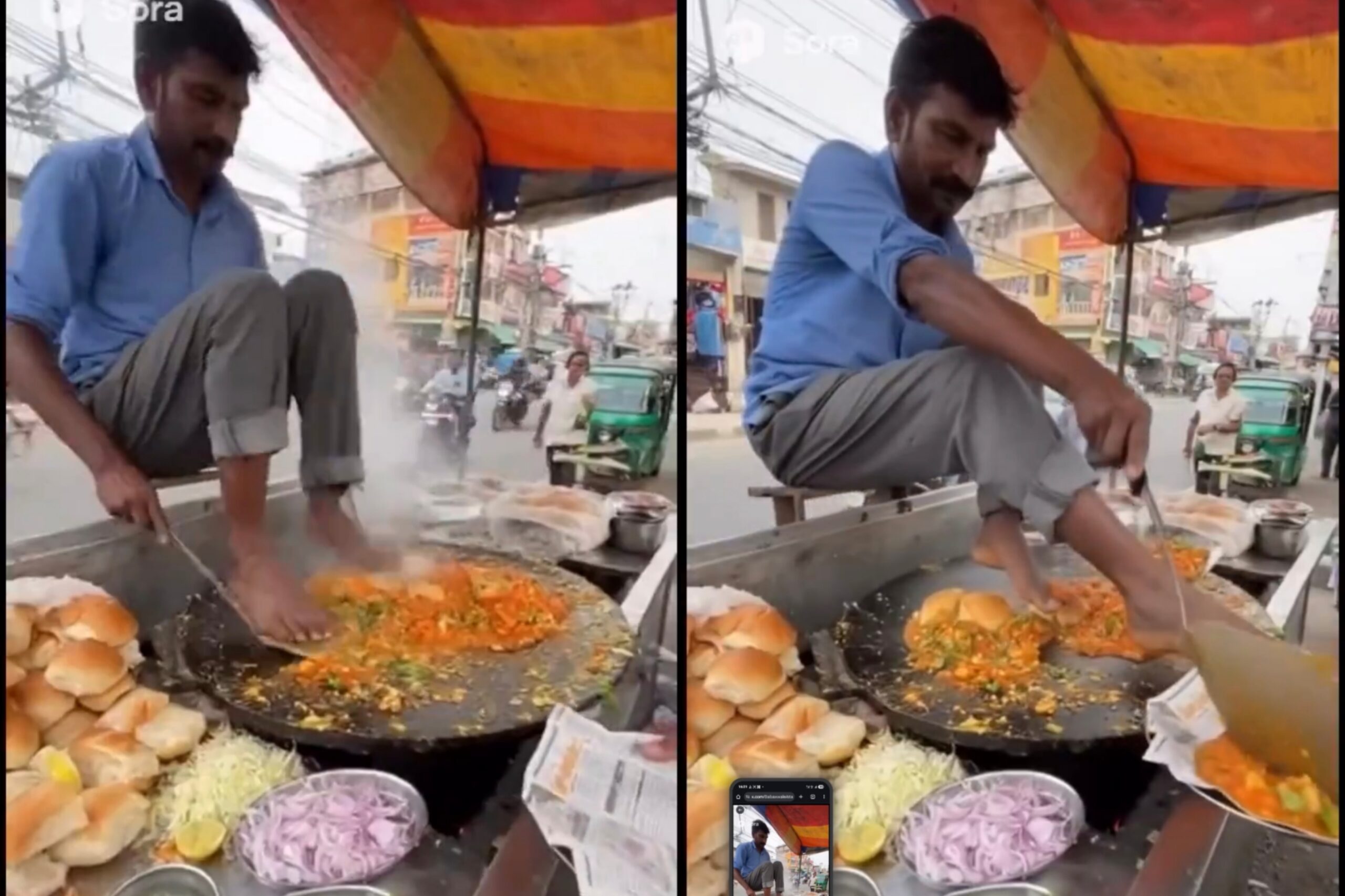 சாப்பிடற உணவை காலால் மிதிச்சி…. என்ன அட்டூழியம் பண்றீங்க…. வைரலாகும் அதிர்ச்சி வீடியோ….!!