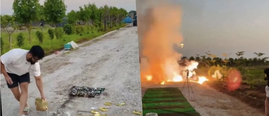 சினிமாவுக்கே டஃப் கொடுக்கும் ரியல் ‘வெடி’ சீன்…. ஒரே இடத்தில் குவிக்கப்பட்ட 13 பாக்கெட்…. வைரலாகும் மினி பாம் பிளாஸ்ட்….!!