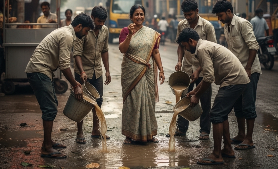 அடடா! என்ன ஒரு உதவி…. தேங்கிய மழைநீரில் தொலைந்த தங்கக் கம்மல்…. மீட்டுக் கொடுத்த வடமாநிலத் தொழிலாளர்கள்….!!