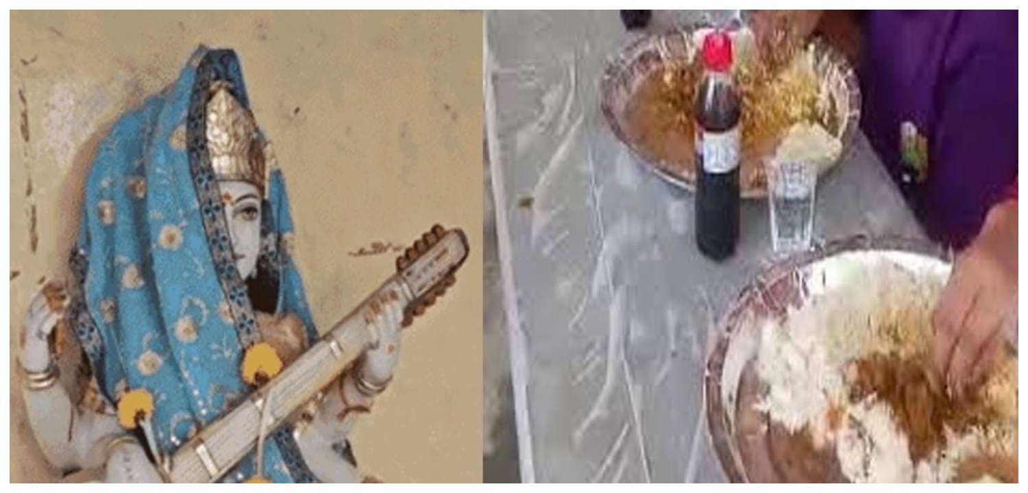 “அரசு பள்ளியில் நடந்த நிகழ்ச்சி”…  முன்னாள் மாணவர்களுக்கு நான்வெஜ் விருந்து…. சரஸ்வதி சிலையை மூடி… பரபரப்பு சம்பவம்…!!