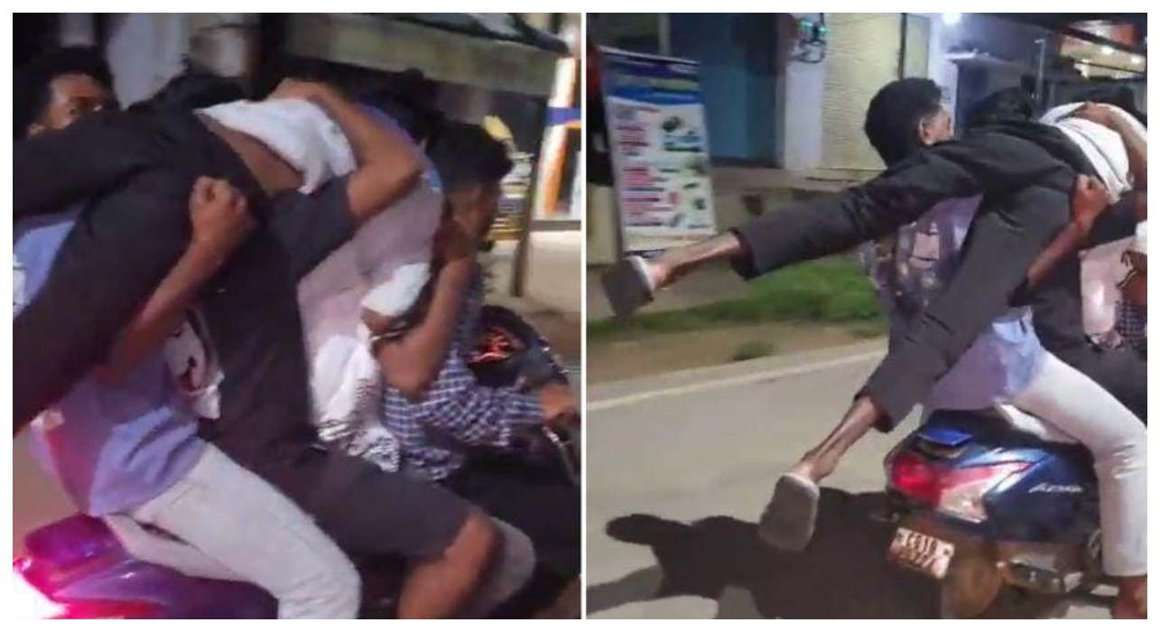ரொம்ப அநியாயம் பண்றீங்க டா…. ஒரே ஸ்கூட்டரில் 5 இளைஞர்கள்… ஆபத்தான முறையில் ஸ்டாண்ட் செய்த வாலிபர்கள்… வைரலாகும் அதிர்ச்சி வீடியோ…!!!