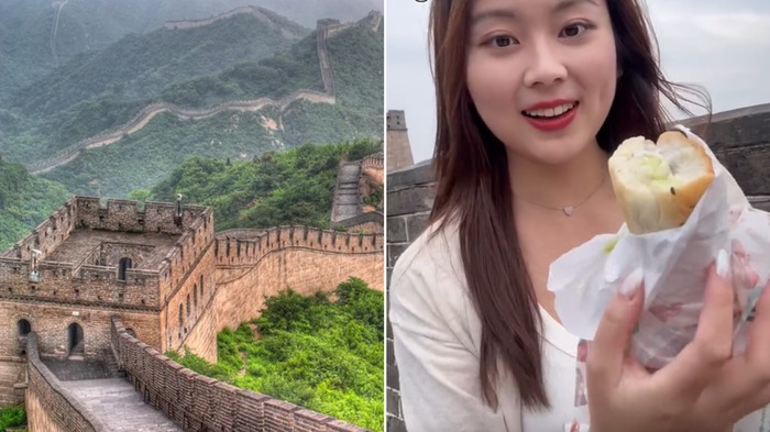 GREAT WALL OF CHINA-வின் உச்சியில் நின்ற பெண்…. தொழில்நுட்பத்தின் வளர்ச்சி…. வானத்தில் இருந்து வந்த உணவு…. வைரல் வீடியோ….!!
