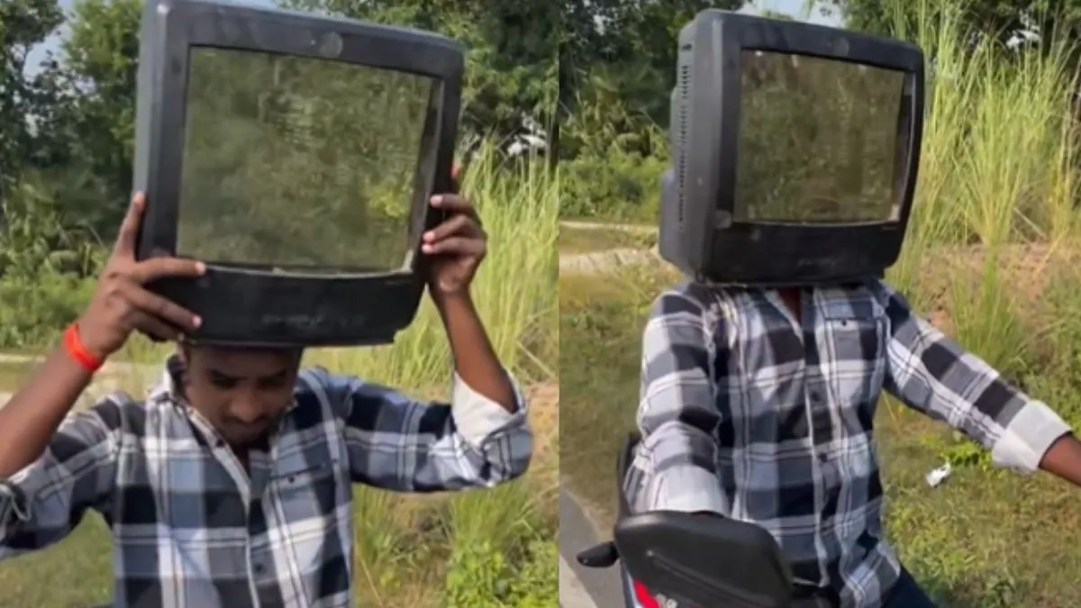 என்னது டிவி ஹெல்மெட்டா…. யாருப்பா இப்படி எல்லாம் யோசிக்கிறது…. இது உயிர காப்பாத்துமா….? வைரலாகும் வேடிக்கை வீடியோ….!!
