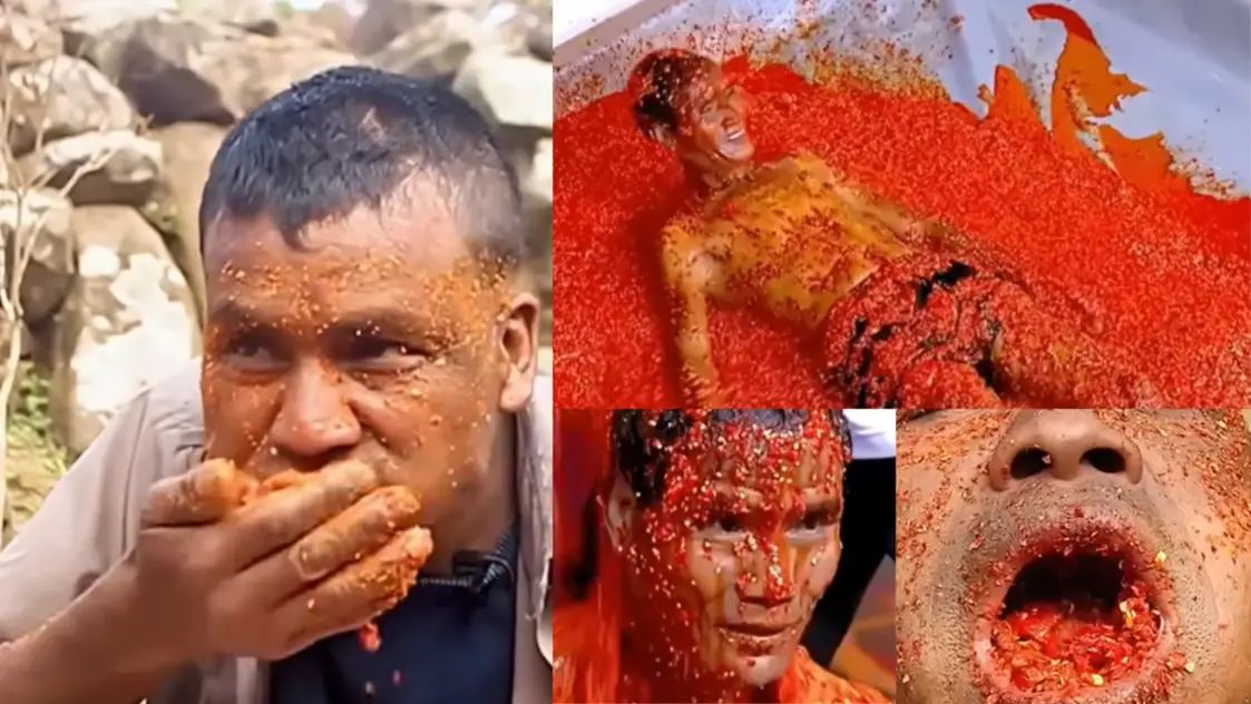 இது உண்மையா?… 10 கிலோவுக்கு மேல் காய்ந்த மிளகாயை சாப்பிடும் விவசாயி… அது மட்டும் இல்ல அதை உடம்பில் தடவி.. பதற வைக்கும் சம்பவம்..!!!