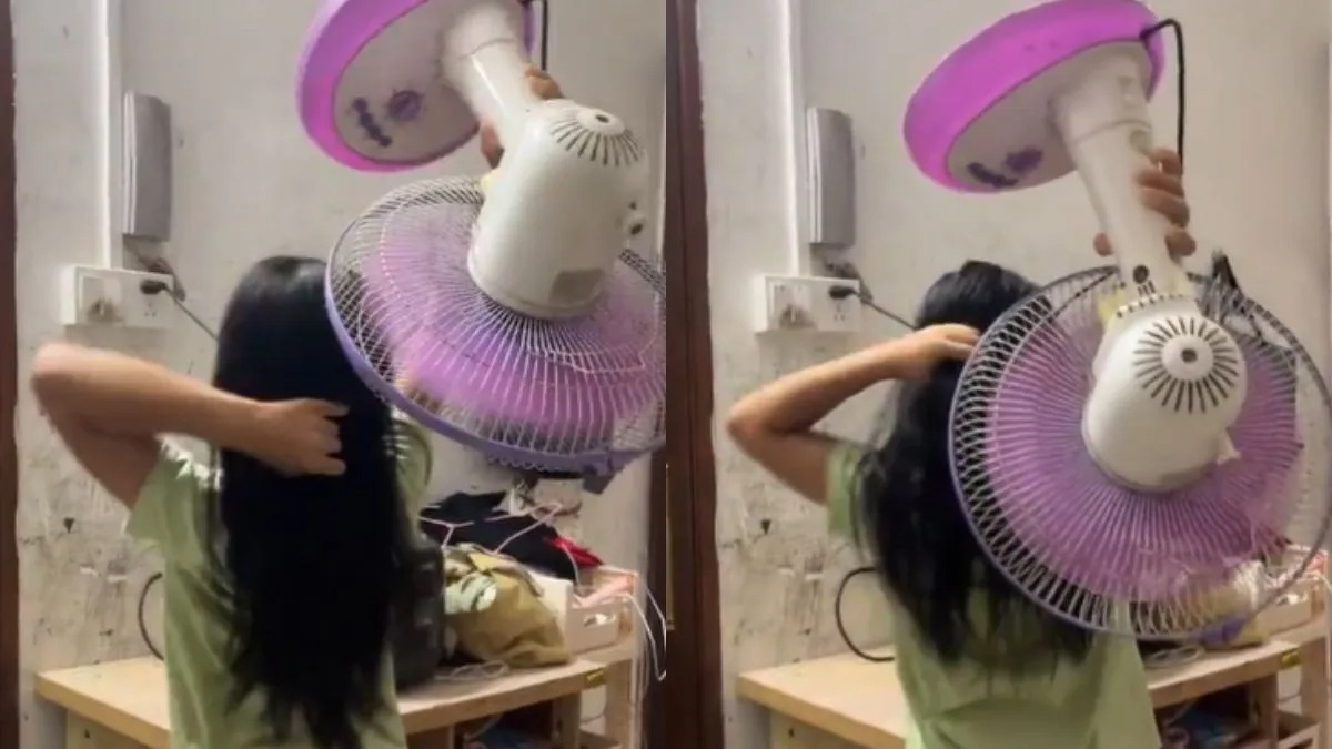 யம்மா அது FAN மா…. இப்படியும் தலைய காய வைக்கலாமா…. வைரலாகும் வீடியோ….!!