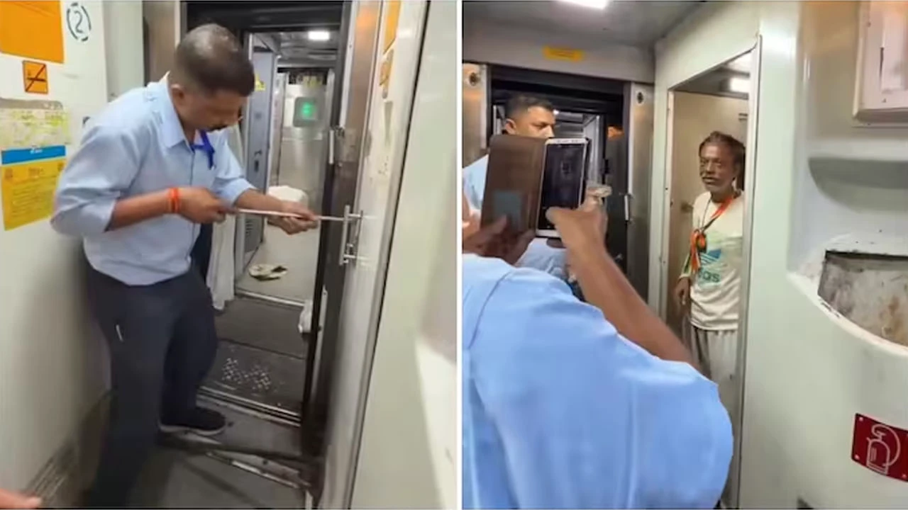 “போதை ஆசாமியின் அட்ராசிட்டி”… நீண்ட நேரம் பூட்டி இருந்த ரயில் டாய்லெட்… திறந்ததும் ஊழியருக்கு காத்திருந்த அதிர்ச்சி… வைரலாகும் வீடியோ…!!