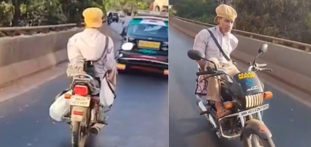 “2 கைகளும் இல்ல”…. ஆனா கால் இருக்கே… சாலையில் வேகமாக பைக் ஊட்டிய நபர்… வைரலாகும் வீடியோ…!!!