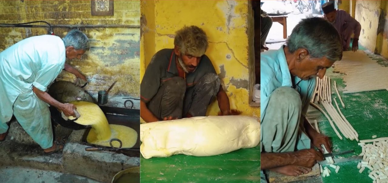 இனி குழந்தைகள் வாங்க மாட்டார்கள்!  கைகளுடன் கால்களாலும் மிதித்துப் பிசைதல்.. ஸ்டிக் மிட்டாய் உருவாகும் அசல் பின்னணி!