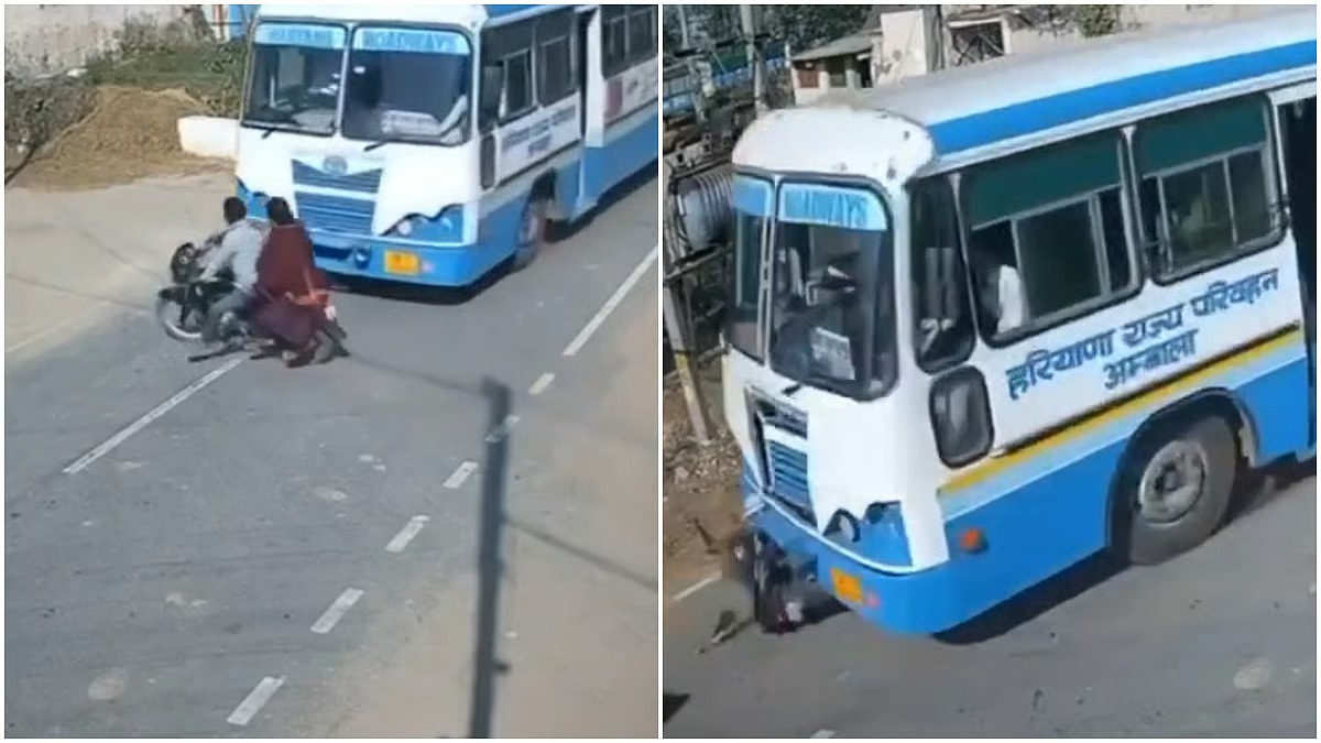 அடக்கடவுளே… பைக்கில் சாலையை கடக்க முயன்ற தம்பதி… திடீரென்று வேகமாக வந்த பேருந்து மோதி… வைரலாகும் அதிர்ச்சி வீடியோ…!!!