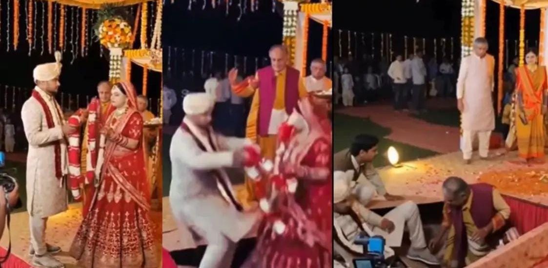 அடக்கடவுளே…. திருமணத்தில் மாலை மாற்றிய மணமக்கள்… திடீரென இடிந்து விழுந்த மேடை… வைரலாகும் அதிர்ச்சி வீடியோ…!!