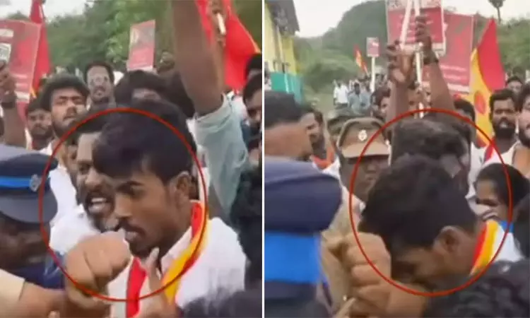 காவலரின் கையை கடித்த தவெக தொண்டர் அதிரடி  கைது..!!
