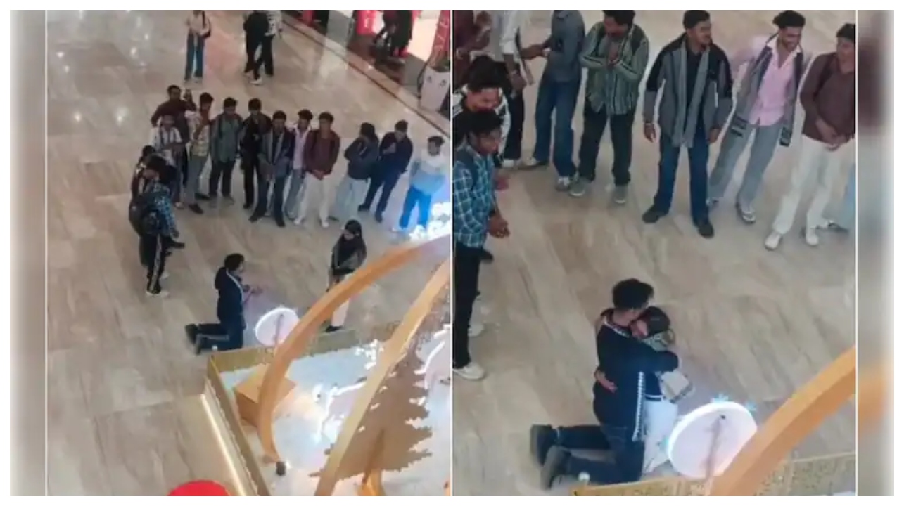 “இப்படி ஒரு ப்ரோபோசலா”…? காதலிக்கு நெற்றியில் குங்குமம் வைத்து காதலைத் தெரிவித்த காதலன்… மாலில் நடந்த சம்பவம்… வீடியோ வைரல்.!!