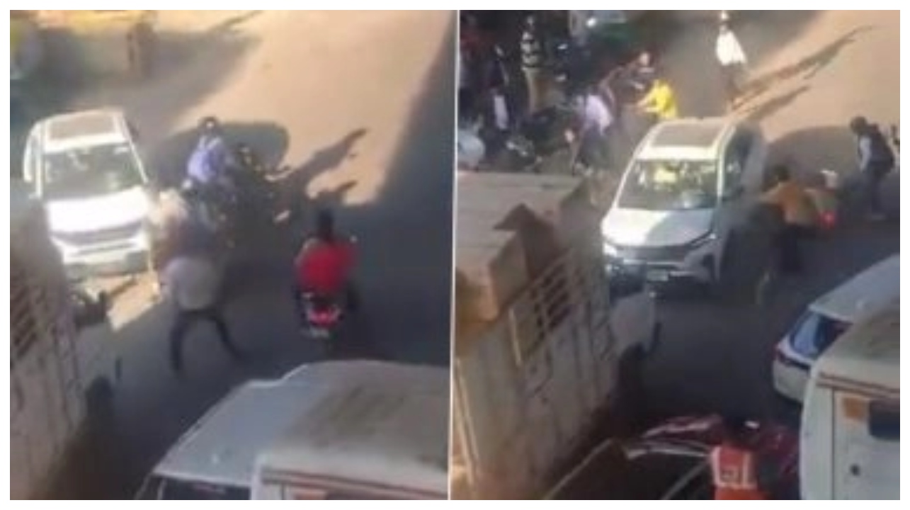 ‘ஓவர்டேக் தகராறு’…. ஆத்திரத்தில் பொது மக்கள் மீது காரை ஏற்றிய ஓட்டுநர்… கற்களை வீசி… வைரலாகும் அதிர்ச்சி வீடியோ..!!