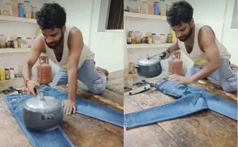 என்ன ஒரு புத்திசாலித்தனம்… குக்கரில் விசில் வரும் வரை சூடுபடுத்தி பேண்ட்டை அயன் செய்த இளைஞர்… வைரலாகும் வீடியோ…!!!