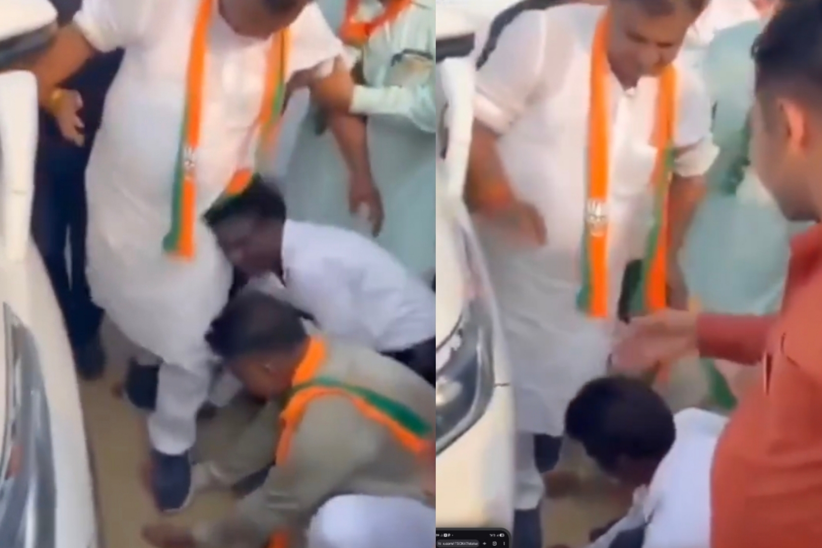 தொண்டர்கள் உங்கள் வீட்டு அடிமைகளா….? கைகளை மிதித்து நடந்த பாஜக நிர்வாகி…. வைரலாகும் கொடூர வீடியோ….!!