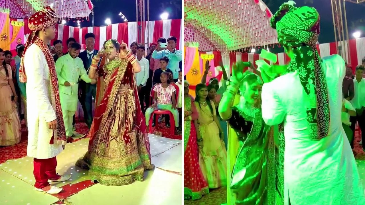 மாப்பிள்ளைக்கு அரசு வேலையா?… மேடையில் திடீரென குத்தாட்டம் போட்ட மணமகள்… பணத்தை வாரி இறைத்த கணவர்… வைரல் வீடியோ…!