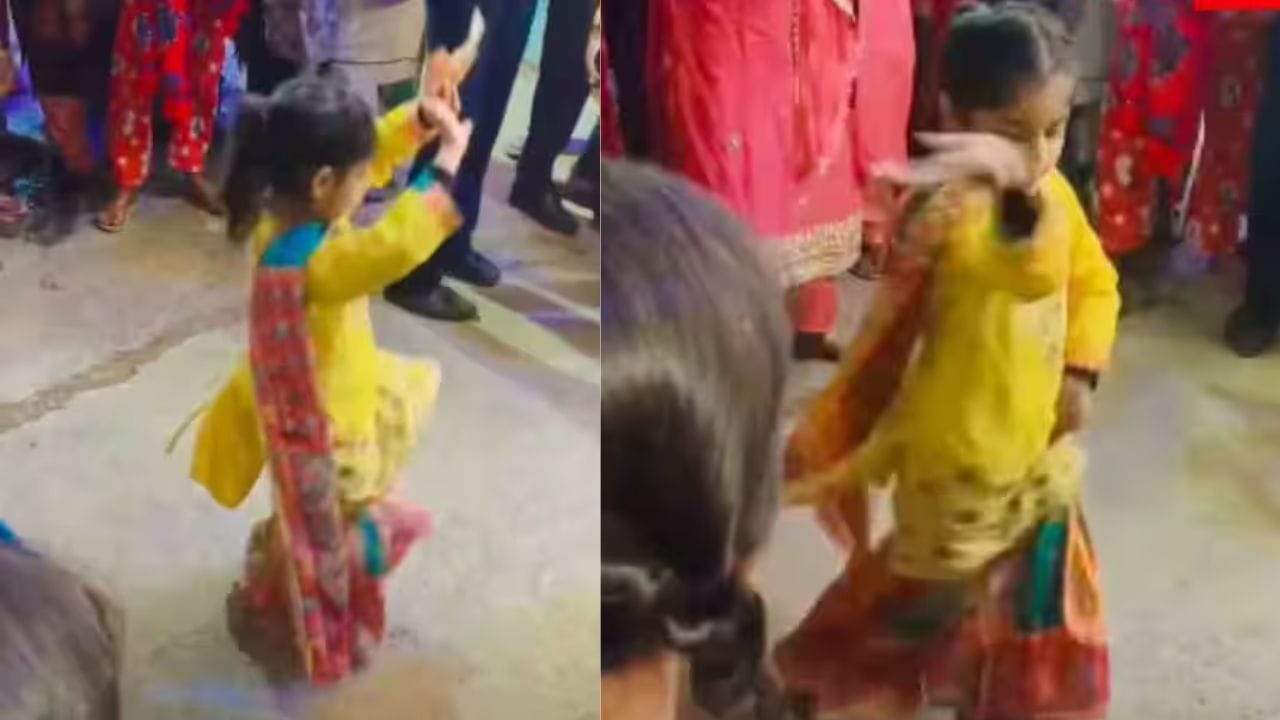 எவ்ளோ க்யூட்டா டான்ஸ் ஆடுறாங்க… கூட்டத்திற்கு மத்தியில் மேலத்திற்கு ஏற்ப குத்தாட்டம் போட்ட சிறுமி… வைரலாகும் வீடியோ…!!!