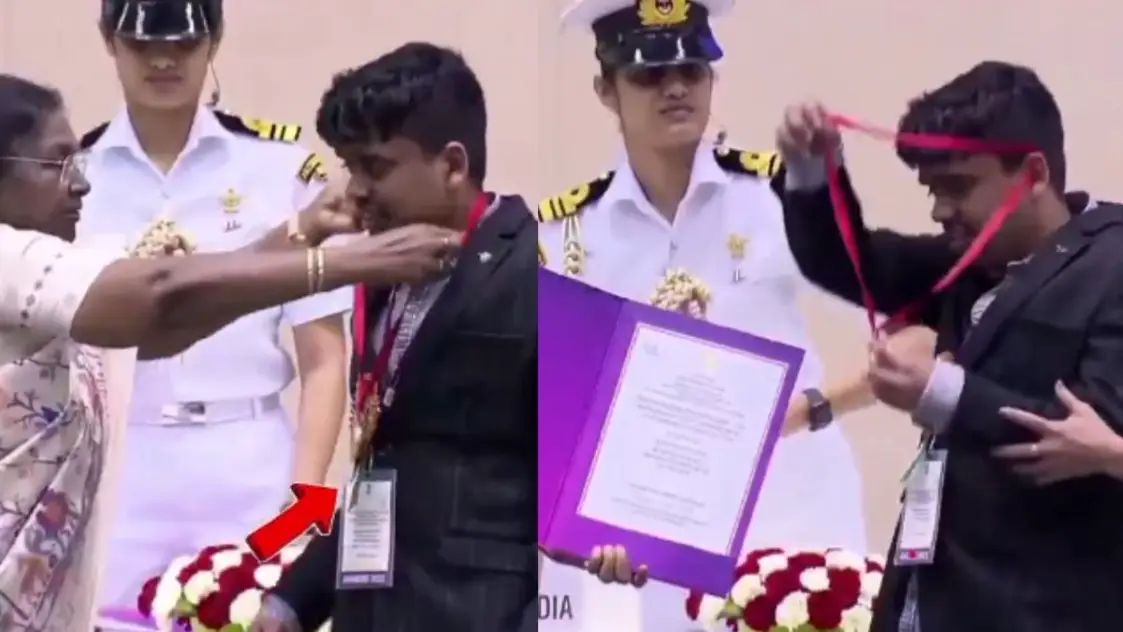 சிறுவனுக்கு பதக்கம் அணிவித்த இந்திய குடியரசு தலைவர்… உடனே கழற்றி கையில் வைத்து… என்ன காரணம்?… வைரலாகும் வீடியோ..!!