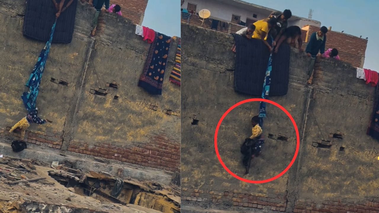 அடப்பாவமே… மொட்டை மாடியில் இருந்து கீழே விழுந்த துணி… குழந்தையை தொங்கவிட்டு தாய் செய்த பயங்கரம்… வைரலாகும் அதிர்ச்சி வீடியோ..!!
