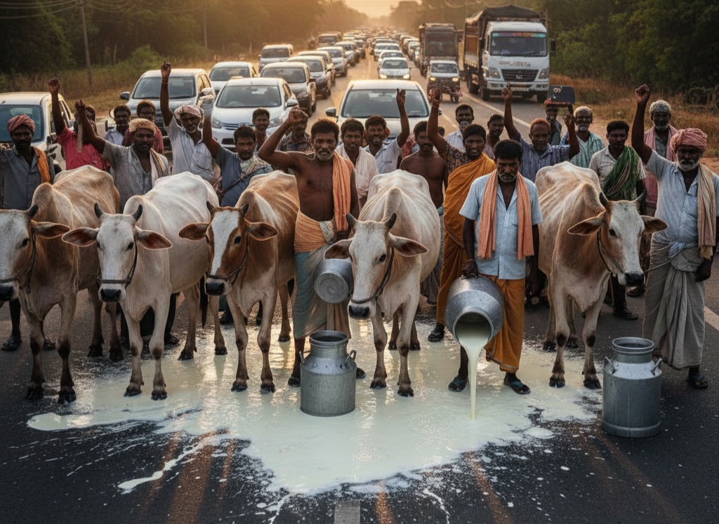 லிட்டருக்கு விலை உயருமா….? பாலை ரோட்டில் ஊற்றி போராட்டம்…. அரசுக்கு விவசாயிகள் விடுத்த இறுதி எச்சரிக்கை….!!