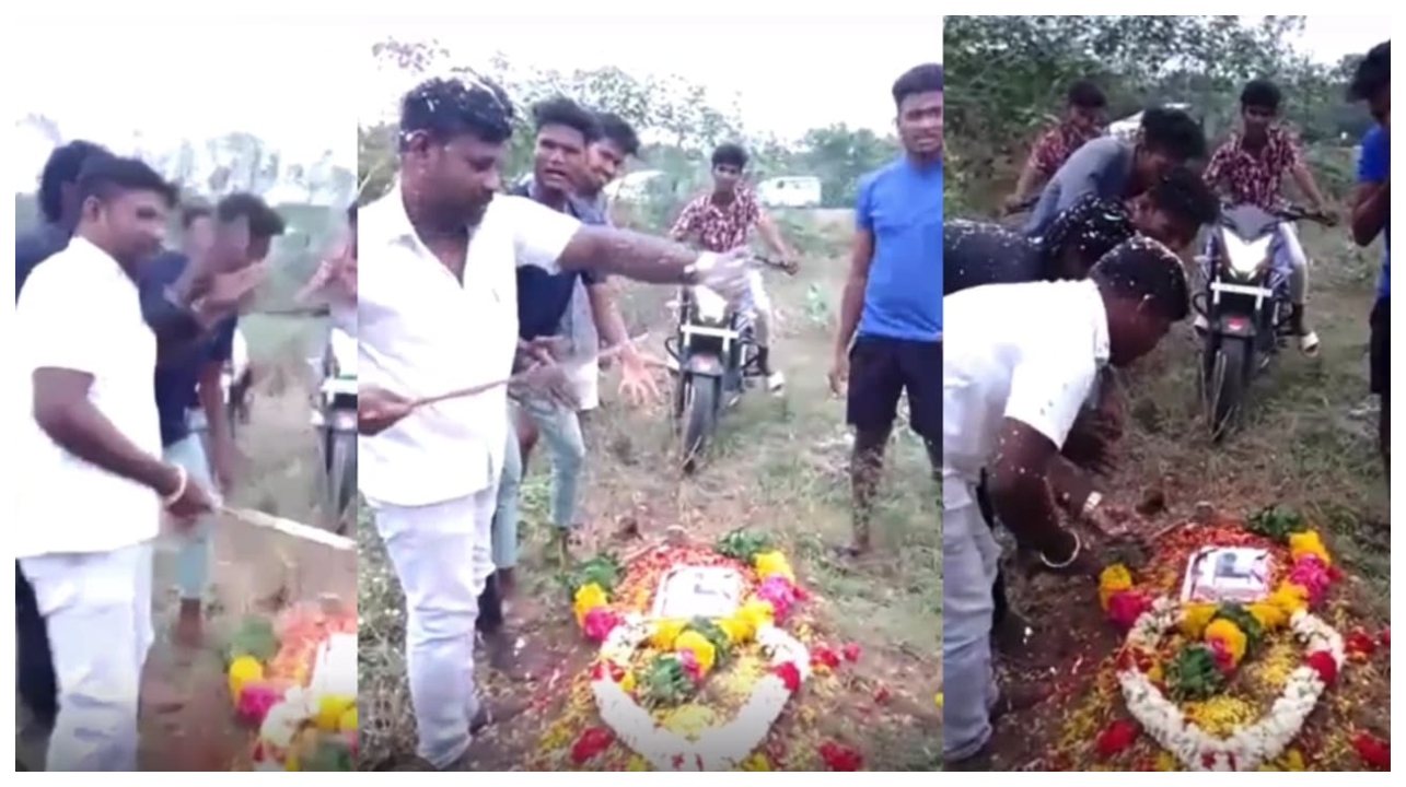 சுடுகாட்டில் சரித்திரம் படைக்க முயன்ற வாலிபர்…. தம்பியின் சமாதியில் இப்படி ஒரு கொண்டாட்டமா?… சமூக வலைதளத்தில் வைரலான பட்டாக்கத்தியால் கேக் வெட்டிய பாசம்…!!!