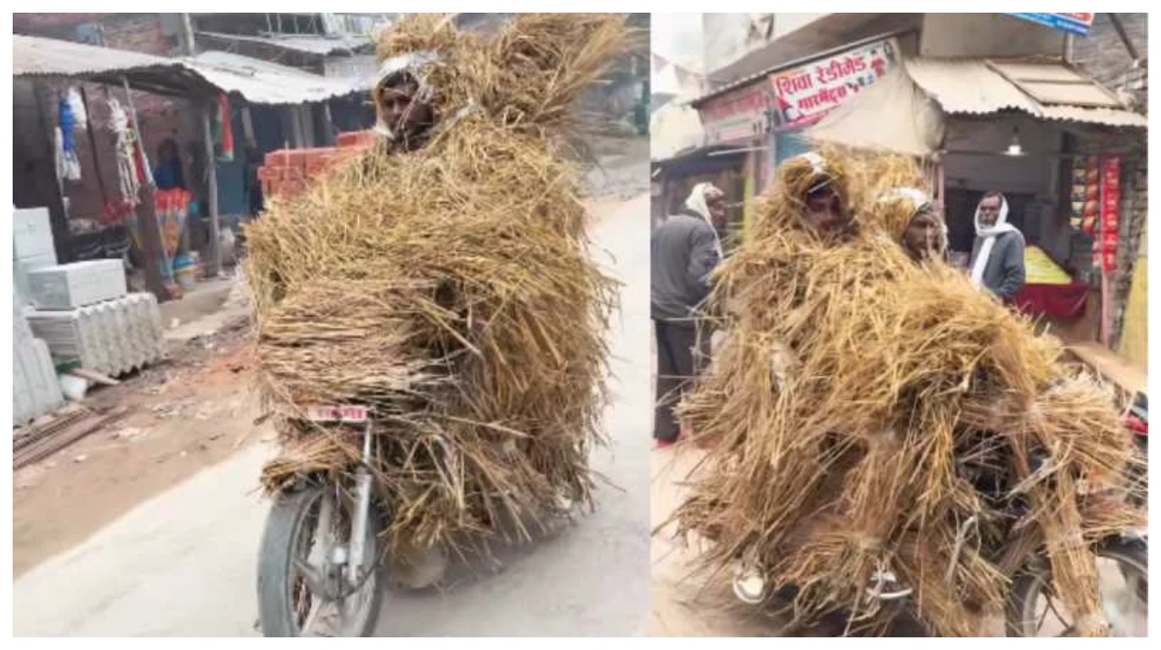உயிரைப் பணயம் வைத்து பைக் ஓட்டும் நபர்… குளிருக்கு இதுதான் தீர்வா?… வைக்கோல் பொம்மையா?… வேற லெவல் கிரியேட்டிவிட்டி… இணையத்தைக் கலக்கும் நடமாடும் வைக்கோல் பைக் ரைடர்…!!!