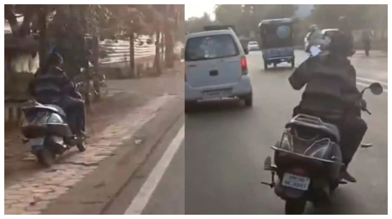 நடைபாதையில் ஸ்கூட்டர் ஓட்டி ‘கெத்து’ காட்டிய குடிகாரர்… காவல்துறைக்கே சவாலா?… இணையத்தில் இதுதான் இன்றைய வைரல் வீடியோ…!!!