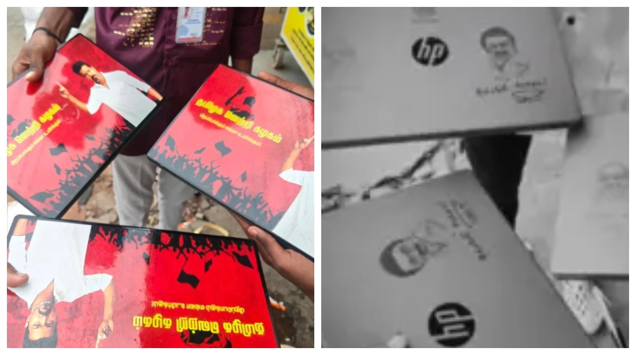 ஸ்டாலின் படத்தை மறைத்து விஜய் படத்தை ஒட்டிய ரசிகர்கள்… திமுக vs தவெக… லேப்டாப்பில் தொடங்கிய அரசியல் போர்… வைரலாகும் மடிக்கணினி புகைப்பட வீடியோ…!!!