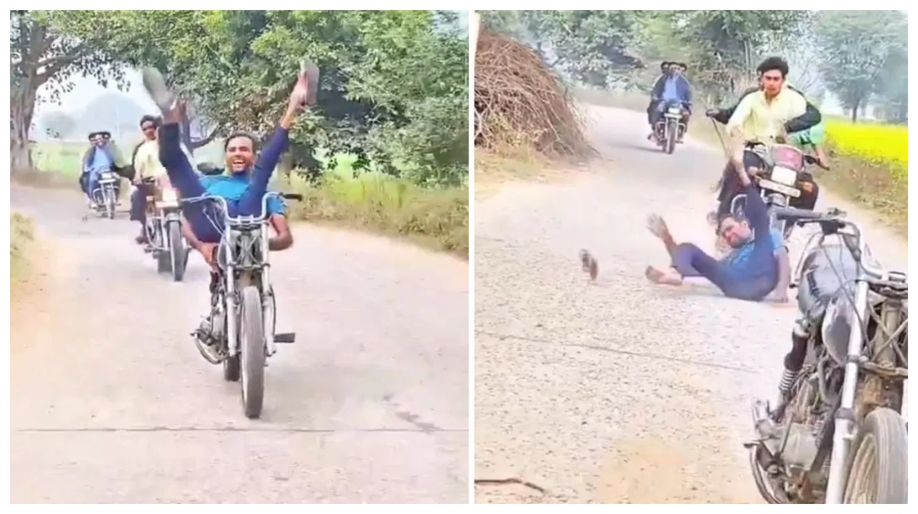 இதுதான் ‘ரீல்’ முடிந்து ‘ரியல்’ அடி வாங்குவதோ?…  ஓடும் பைக்கிலிருந்து தூக்கி வீசப்பட்ட இளைஞர்… லைக்ஸ்காக இப்படியா செய்வாங்க?…  வைரலாகும் வீடியோ…!!!
