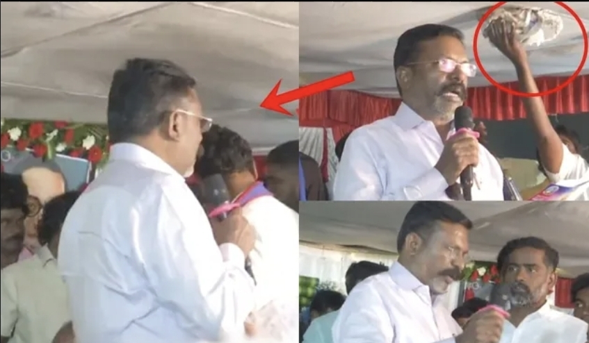 “5 நிமிஷம் பொறுப்பா, ஏன்பா அவசரப்படுற” மேடையில் கேக்கை வீசிய தொண்டர்…. டென்ஷனான திருமாவளவன்….!!