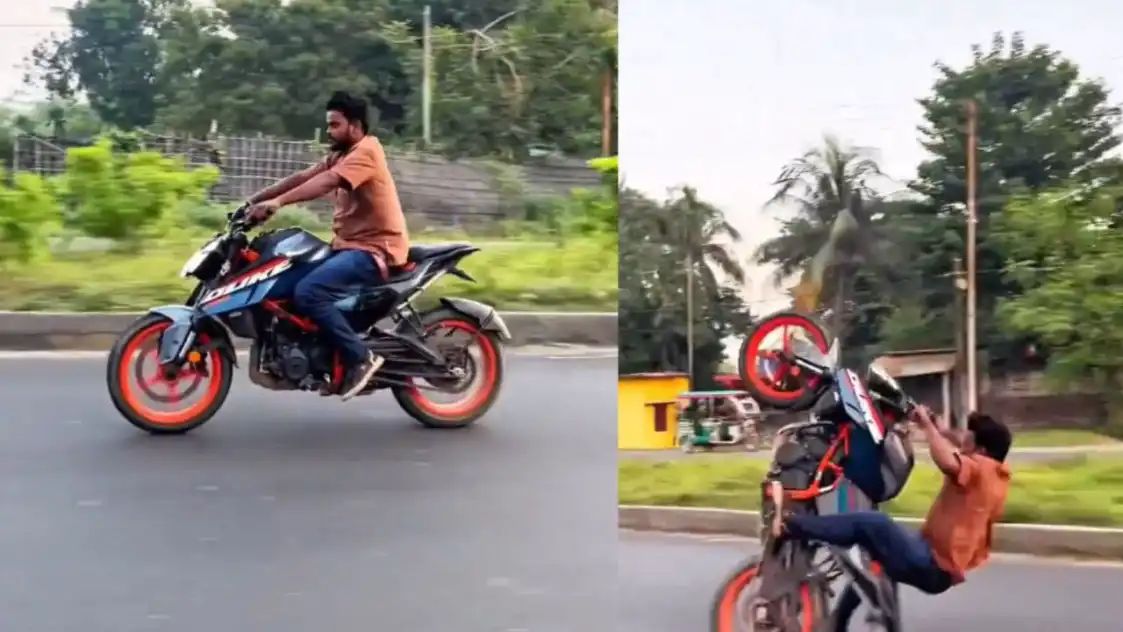இதெல்லாம் தேவையா?… சாலையின் நடுவே பைக்கில் சாகசம் செய்த இளைஞர்… நிலை தடுமாறி ரோட்டில் புரண்டு விழுந்து… வைரலாகும் அதிர்ச்சி வீடியோ…!!
