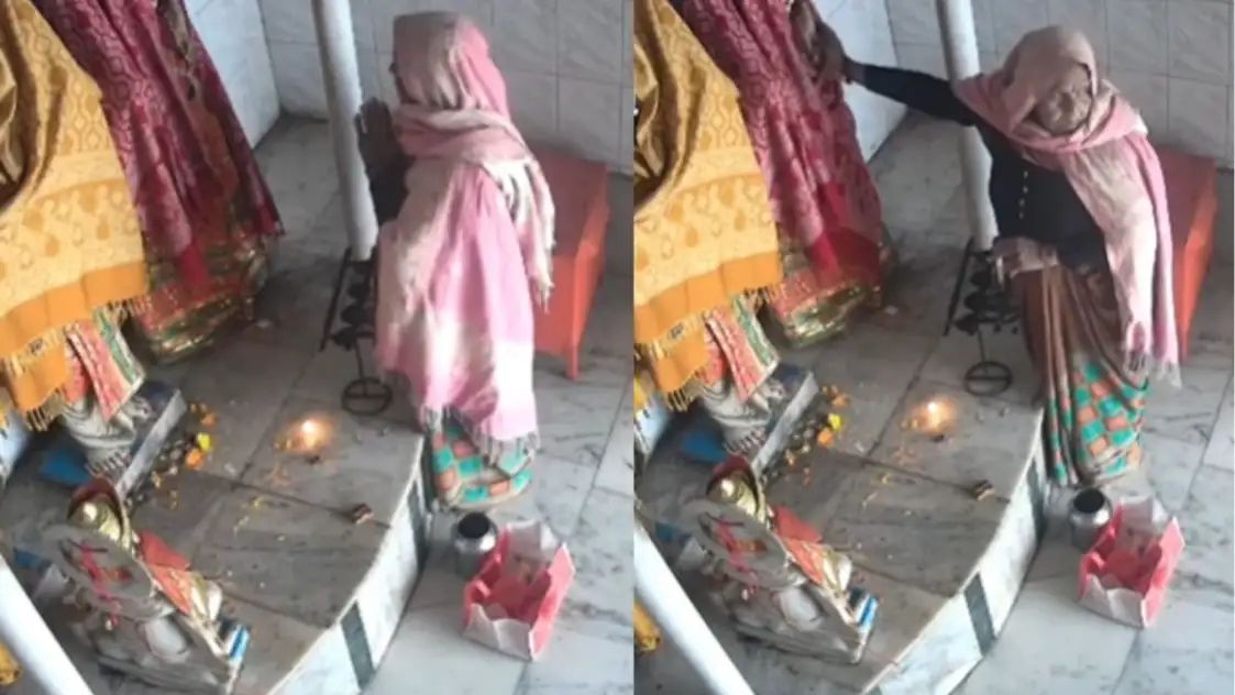 கோவிலுக்குள் நுழைந்த முதியவர்… சாமியின் மீது கிடந்த போர்வையை நைசாக தூக்கி சென்ற பெண்… வேறு எதையும் திருடல… வைரலாகும் வீடியோ…!!!