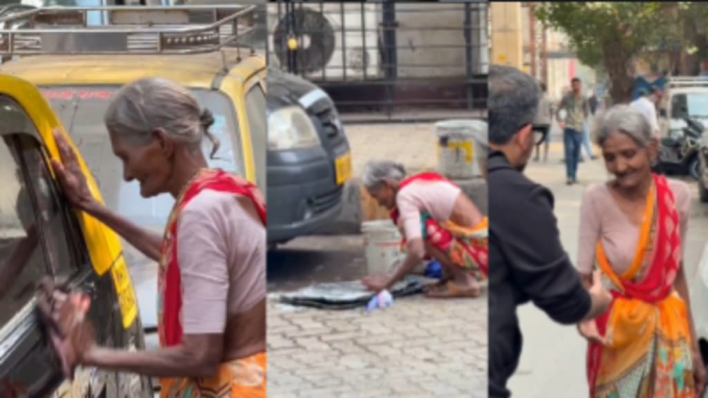 சாலையோரம் கார் துடைத்த மூதாட்டி.. திடீரென காலில் விழுந்த கோடீஸ்வரர்.. ஏன் தெரியுமா? இணையத்தில் வைரலாகும் வீடியோ..!!