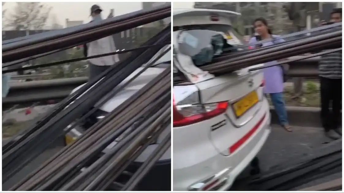 “நல்ல வேளை பின் சீட்ல யாரும் இல்ல” காருக்குள் பாய்ந்த இரும்பு கம்பிகள்…. ஜஸ்ட் மிஸில் தப்பிய டிரைவர்…. வைரலாகும் வீடியோ….!!