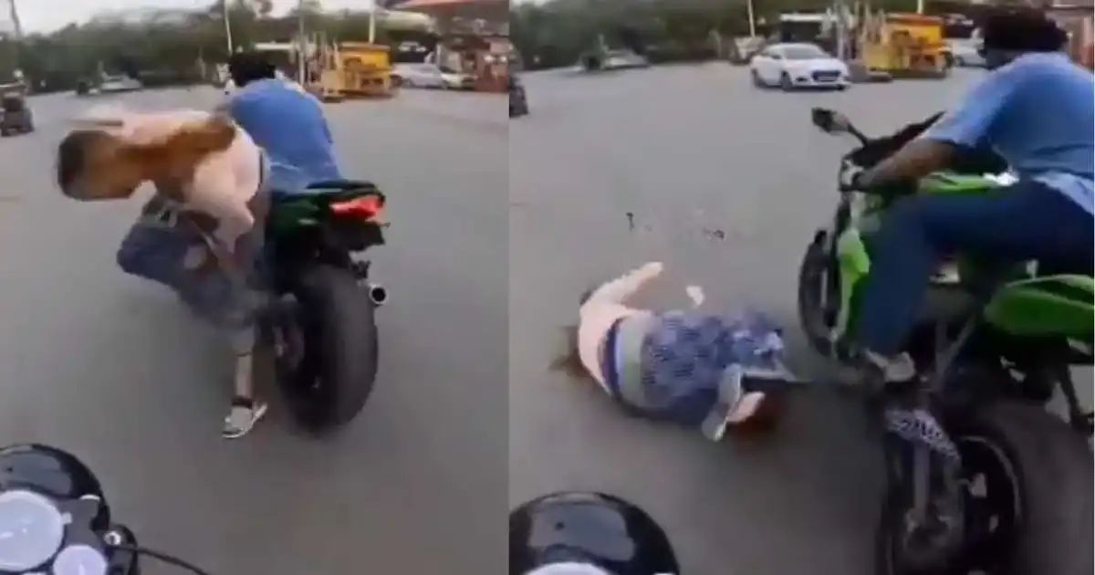 உயிரை விட சேலை தான் முக்கியமா? பைக்கில் இருந்து விழுந்த பெண்ணின் விசித்திரமான செயல்.. சாலையில் நடந்த அந்தப் பகீர் காட்சி..!!