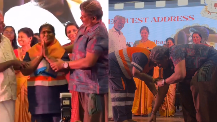 கால்ல விழுந்து கும்பிட்டு…. செருப்பு மாட்டிவிட்டு…. துப்புரவு தொழிலாளியை கௌரவித்த பார்த்திபன்….!!