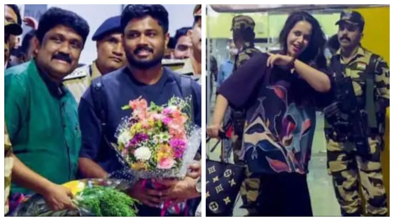 சினிமாவை மிஞ்சிய சஞ்சுவின் வெற்றி பயணம்…! “ஏர்போர்ட்டில் ரசிகர்களை கண்டதும் ஆடிப்போன மனைவி”… அவங்க கொடுத்த ரியாக்ஷன் தான் செம… இணையத்தை கலக்கும் வீடியோ..!!