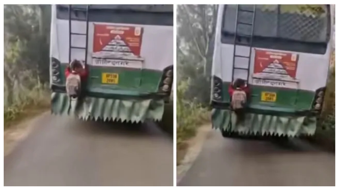 ஓடும் பேருந்தின் பின்னால் தொங்கிய பள்ளி மாணவன்…. தவறினால் மரணம்?… மீண்டும் ஒரு அலட்சியம் – இணையத்தை உலுக்கிய வீடியோ…!!!