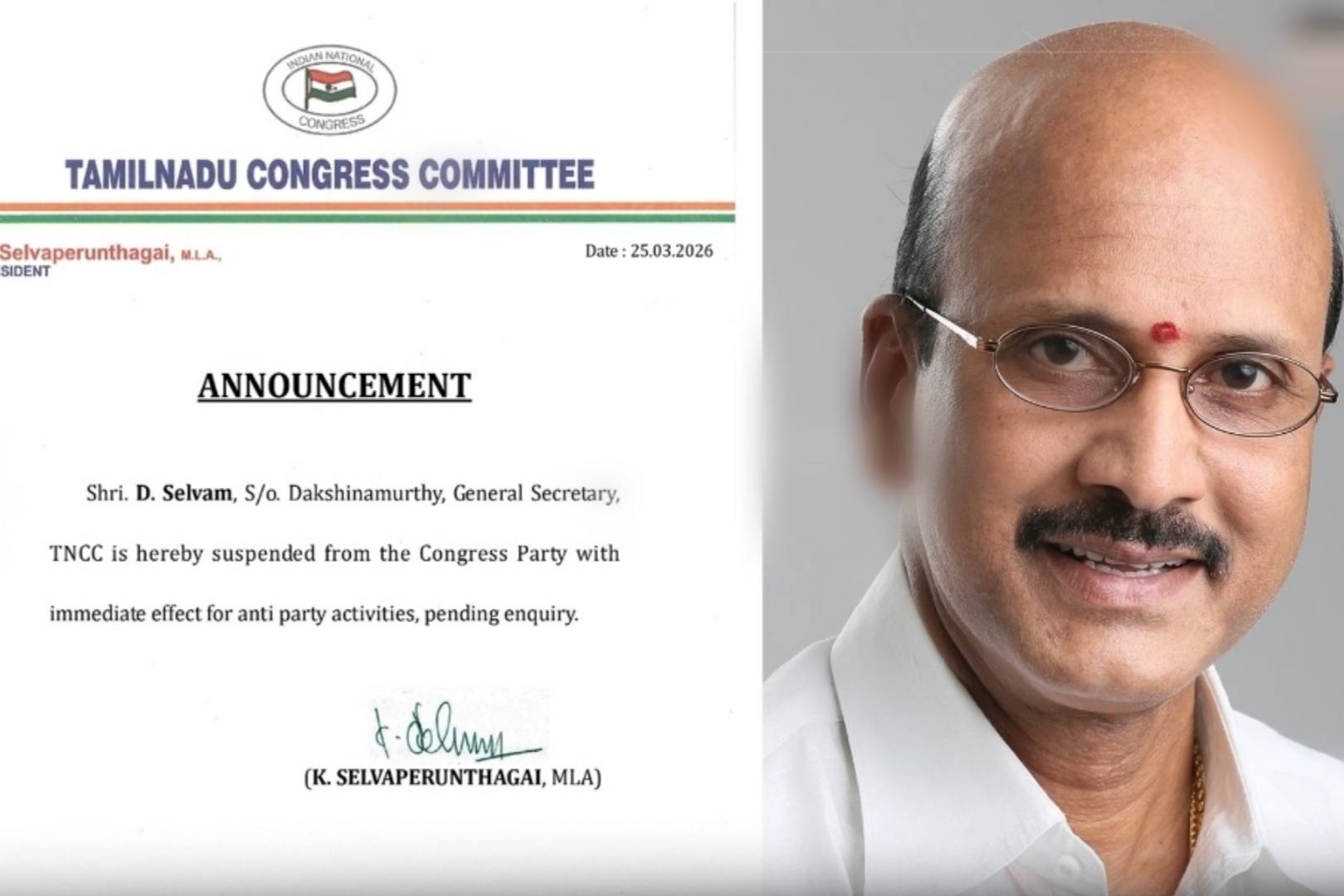 “கட்சிக்கு எதிரா செயல்பட்டாரா?” செல்வபெருந்தகையின் அதிரடி அறிவிப்பு…. பொதுச்செயலாளர் டி.செல்வம் அதிரடி நீக்கம்….!!