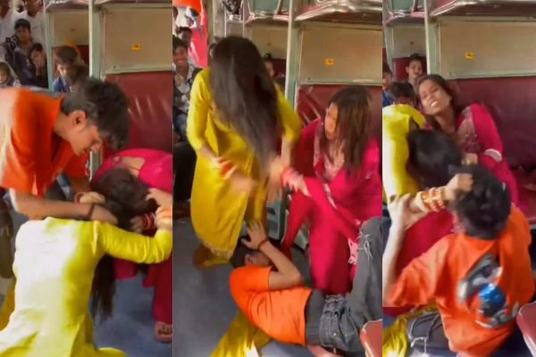 “ரெண்டு பொண்ணுங்க சண்டை…. நடுவுல வந்தவனுக்கு விழுந்த அடி” அப்பர் பர்த்ல இருந்தவனை இழுத்துப் போட்டு மிதிச்ச இளம்பெண்…. ஷாக்கிங் வீடியோ….!!