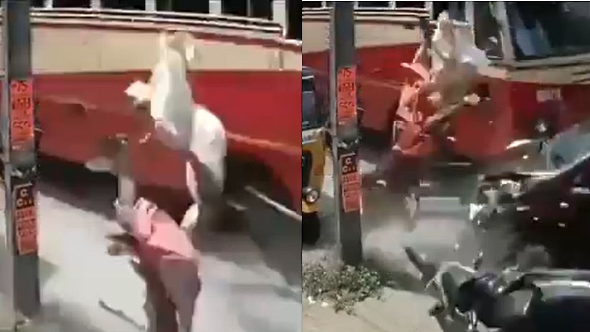 மரண பயத்தை காட்டிய பேருந்து…! கொடூர விபத்தில் காற்றில் பறந்த நபர்கள்.. கண்டுகொள்ளாத டிரைவர்… வீடியோ வெளியாகி பரபரப்பு…!!