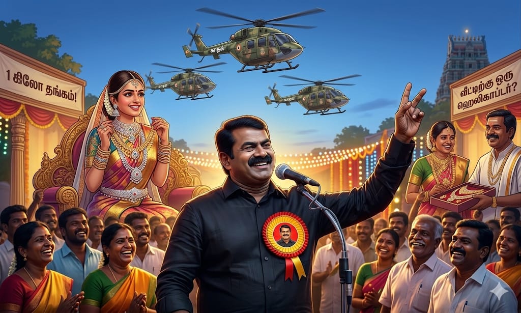 வீட்டுக்கு ஓரு ஹெலிகாப்டர் தரேன்..! திருமணமானதும் பெண்களுக்கு ஒரு கிலோ தங்க வைர நகைகளுடன் இலவச தேனிலவு… சீமானின் அல்டிமேட் வாக்குறுதி…!!!
