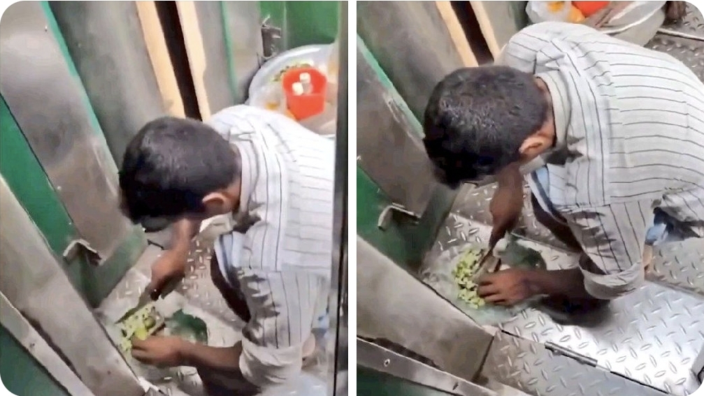 “இனிமேல் ட்ரெயினில் சாப்பாடு வாங்கும்போது 10 தடவை யோசிங்க” பாத்ரூம் அருகே காய் நறுக்கும் நபர்…. ரயில் பயணிகளைப் பதறவைத்த வீடியோ….!!