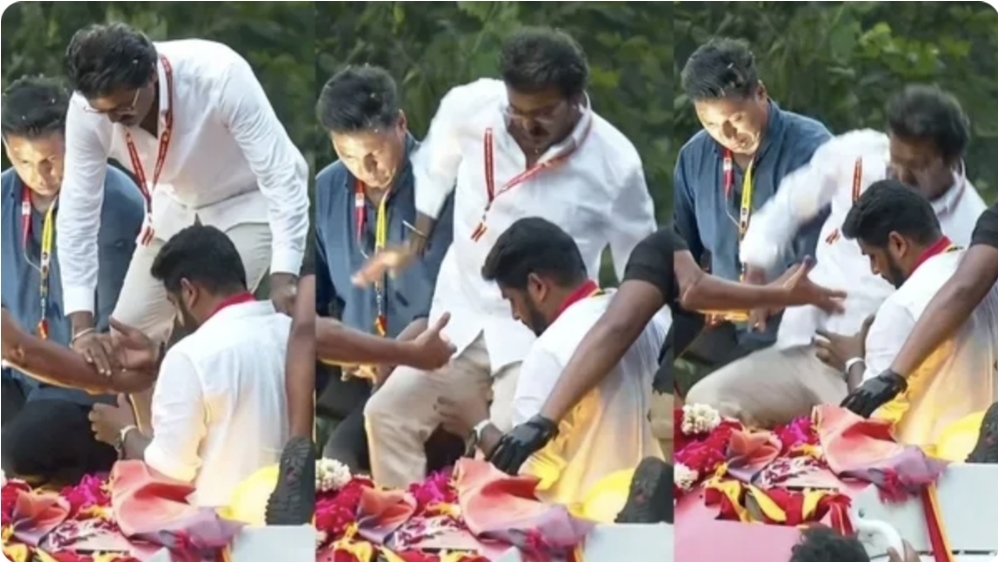 ​”தலைவா பார்த்து….” பிரசார வாகனத்தில் நிலைதடுமாறி விழுந்த விஜய்…. பதறிப்போன தொண்டர்கள்….!!